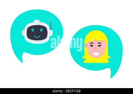 Robot chatbot head icon sign in the speech bubble talking with girl flat style design vector illustration isolated on white background. Cute AI bot he Stock Vector