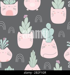 Kawaii cat plant pots with succulents pattern background. Cute vector seamless design. Stock Vector