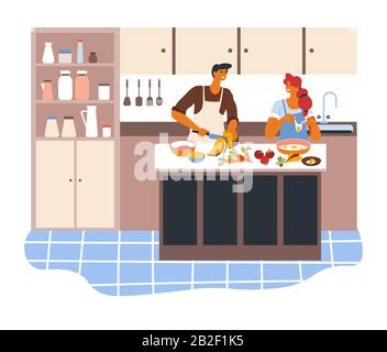 Man and woman cooking meals in kitchen at home Stock Vector