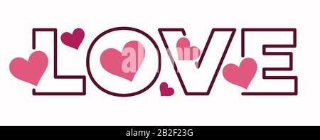 Love lettering outline style and hearts, Valentine day and scrapbook sticker Stock Vector