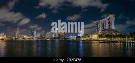 SINGAPORE CITY, SINGAPORE - FEBRUARY 19, 2020: Marina Bay Sands at night the largest hotel in Asia. It opened on 27 April 2010. Stock Photo