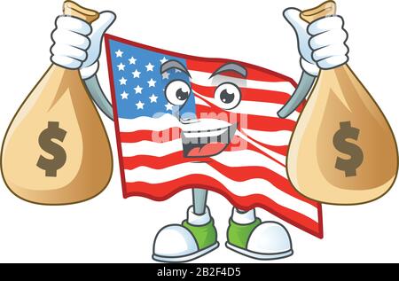 A cute image of USA flag cartoon character holding money bags Stock Vector