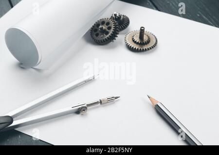 Engineering supplies and blueprints on workplace close up Stock Photo