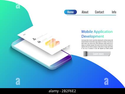 Mobile app development vector illustration. Isometric mobile phone with layout of application. User experience, user login interface. Gadget software. Stock Vector