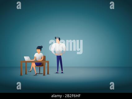 Business teamwork vector concept with man and woman looking at computer in the office. Technology, tablet, Achievement. Stock Vector