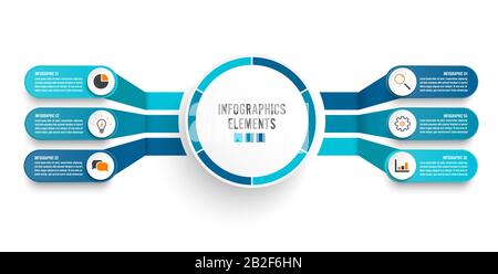 Vector infographic template with 3D paper label, integrated circles. Business concept with 6 options. For content, diagram, flowchart, steps, parts, t Stock Vector