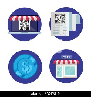 qr code paper laptop store and coin vector design Stock Vector
