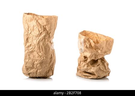 Crumpled brown paper bag for food. Studio shot isolated on white background Stock Photo