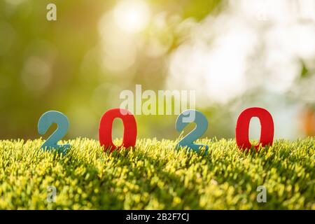 Color number 2020 on top of the green grass in garden blur background. For new year concept Stock Photo