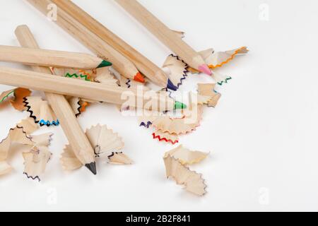 sharped pencils with Pencil Shaving isolated on white Stock Photo