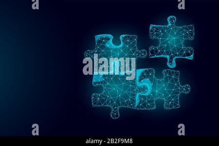 3D puzzle pieces joined together. teamwork business concept. Creative idea problem solution cooperation. Low poly blue dark glowing light strategy Stock Vector