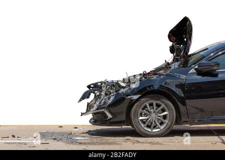 Front of black car got damaged by accident on the road. Isolated on white. Saved with clipping path Stock Photo