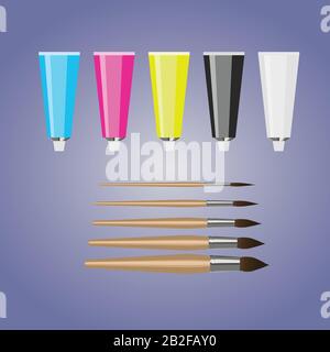 Five colors of paint in tubes with five sizes of paintbrushes Stock Vector