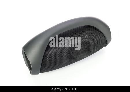 Black wireless portable bluetooth speaker, Mobile speaker isolated on white background Stock Photo