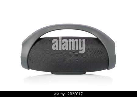 Black wireless portable bluetooth speaker, Mobile speaker isolated on white background Stock Photo