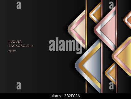 Abstract Modern Luxury Style Geometric Golden, Pink Gold, Silver Metallic on Black Background. Vector Illustration Stock Vector