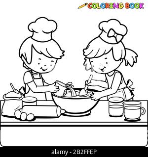 A boy and a girl cooking in the kitchen. Black and white coloring page Stock Photo