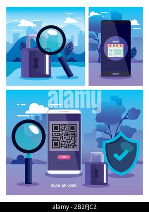 qr code smartphone padlock lupe and shield vector design Stock Vector
