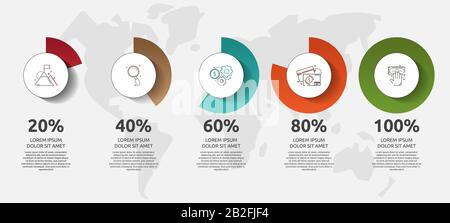 Vector infographic. Circle chart of 5 elements with percent for diagrams, flowchart, timeline, business report, chart or graph Stock Vector