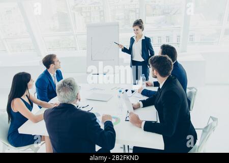 Young successful businesswoman presenting new project to partners Stock Photo