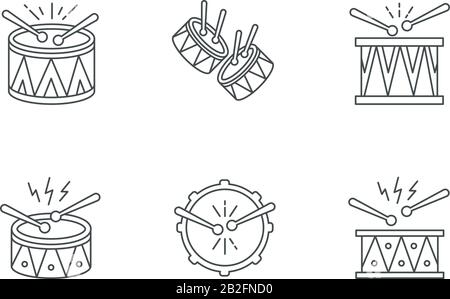 Brazilian music pixel perfect linear icons set. Drums with drumsticks. Samba. Festive drum parade. Customizable thin line contour symbols Stock Vector