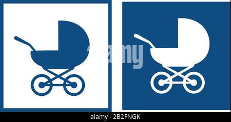 Baby stroller. The symbol is located in a square frame. Vector blue icons. Stock Vector