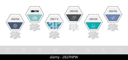 Vector modern infographic process template. Polygons with icons and text for 6 steps. Can be used for diagrams, flowchart, diagram, number options Stock Vector