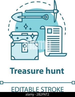 Treasure hunt concept icon. Arheological expedition. Historical research. Search and excavation of ancient antique chest. Vector isolated outline RGB Stock Vector