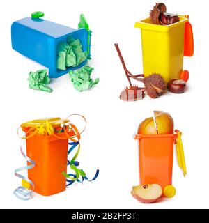 Multicolored Garbage Trash Bins, Recycling Bin, Garbage Bin waste isolated on white background Stock Photo
