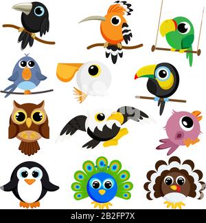 Cute birds set vector image. Cartoon characters. Flat vector stock illustration on white background Stock Vector