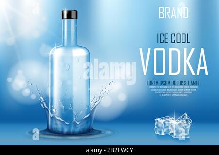 Vodka bottle with ice cubes ad. Strong alcohol drink mock up on shiny blue background and water splash and drops. Vodka advertising banner. Realistic Stock Vector