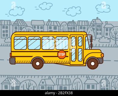 Welcome back to school illustration. Yellow school bus rides in the city Stock Vector