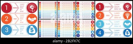 Infographic templates. Startup bussines minimal infographic templates from circles and horizontal colorful arrows 3 4 5  6 7 8 9 10 positions Stock Vector