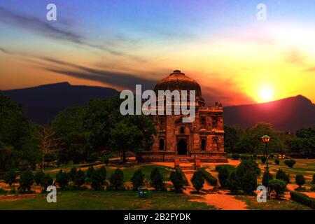 India, New Delhi, Lodi gardens at sunset. Stock Photo