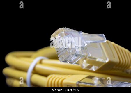 Ethernet cable and RJ45 plug connector. Stock Photo
