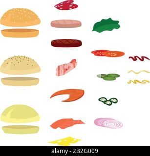 A set of ingredients for a hamburger: buns, meats, vegetables, sauces. Illustration for children. Menu design, cafe, food club, fast food. Stock Vector