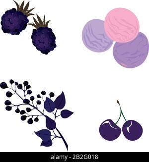 Violet bright vector objects. Berries and desserts. Menu design. Illustrations for children. Stock Vector