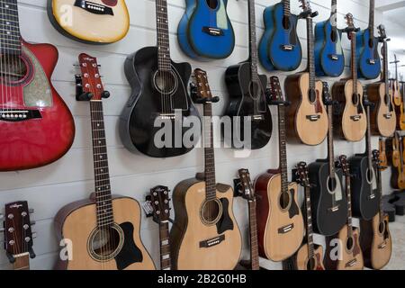 Handmade guitars for sale at a guitar factory in Lapu lapu,Mactan,Cebu,Philippines Stock Photo