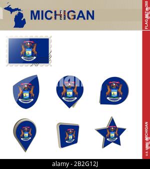 Michigan Map Flag. Map of MI, USA with the state flag. United States ...