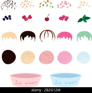 Set of vector ingredients for ice cream: ice-cream bowls, ice cream balls, decorative objects. Menu design, recipes, cafe. Summer. Stock Vector