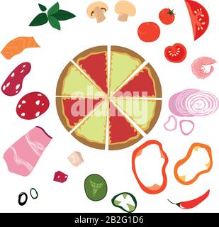 Vector bright ingredients for pizza. Sets of vegetables, meat, mushrooms, seafood. Menu design, recipe. Children's illustration. Stock Vector