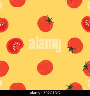 Vegetable pattern. Cherry tomatoes on a yellow background. Design for flyer, label, wallpaper, fabric. Stock Vector