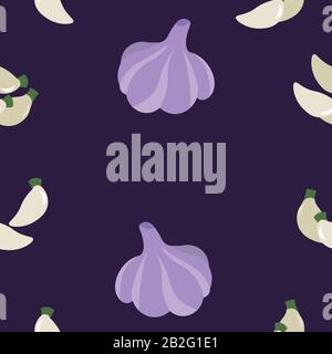 Vegetable pattern. Garlic on a dark background. Design for flyer, label, wallpaper, fabric. Stock Vector