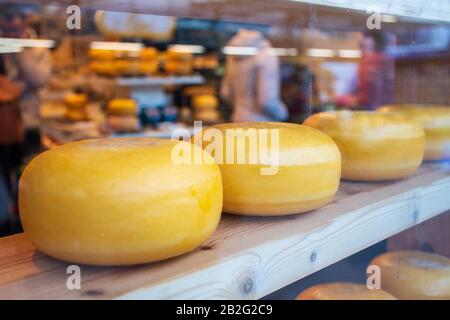 Dutch cheese, cheese wheels on the wooden shelf in Amsterdam store or shop, The Netherlands, close up