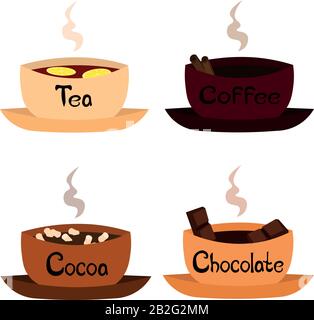 Set of hot drinks: coffee, tea, cocoa, chocolate. Design of the menu, cafe, coffee house, flyer, logo, print. Stock Vector