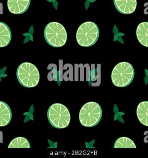Mojito vector pattern. Mint, lime on a black background. Bar design, menu. Stock Vector
