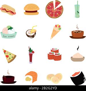 Set a delicious meal. Fast food, desserts, drinks. Design for the logo of a cafe, restaurant, food club, coffee house. Stock Vector