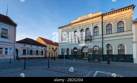 Rimavska Sobota, Slovakia - March 3, 2019: Historical town houses in the main square of Rimavska Sobota, Slovakia. Stock Photo
