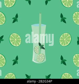 Mojito vector pattern. Cocktail, mint, lime on a green background. Bar design, menu. Stock Vector
