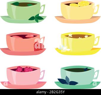 Set of cups of tea: herbal, berry, vanilla. Bright menu design, cafe, coffee house, logo, icons. Stock Vector